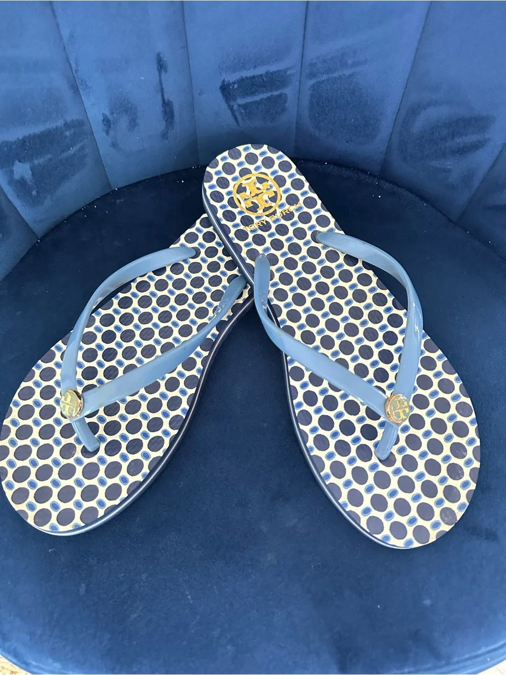 Tory Burch Blue Polka Dot Logo Flip Flops Thong Sandals Women’s Size 9